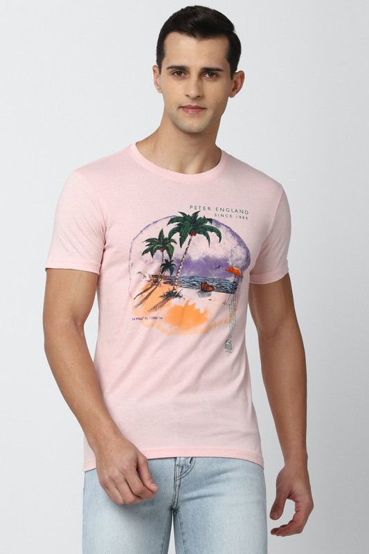 Men Graphic Print Round Neck Poly Cotton Pink T-Shirt