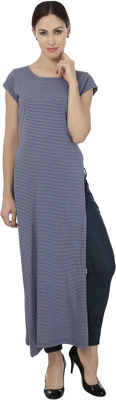 Casual Cap Sleeves Striped Women White, Blue Top