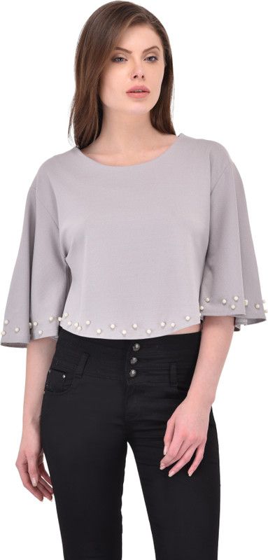 Party Flared Sleeves Solid Women Grey Top