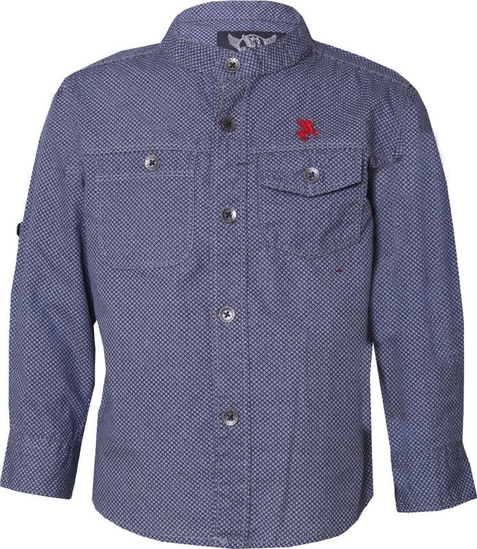Tales & Stories Navy Blue Printed Shirt Boys Slim Fit Checkered Mandarin Collar Casual Shirt