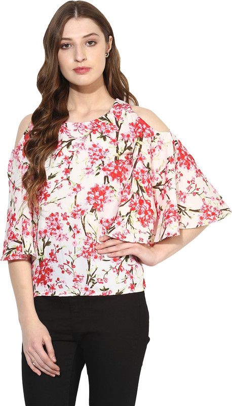 Casual Cape Sleeves Floral Print Women Beige Top