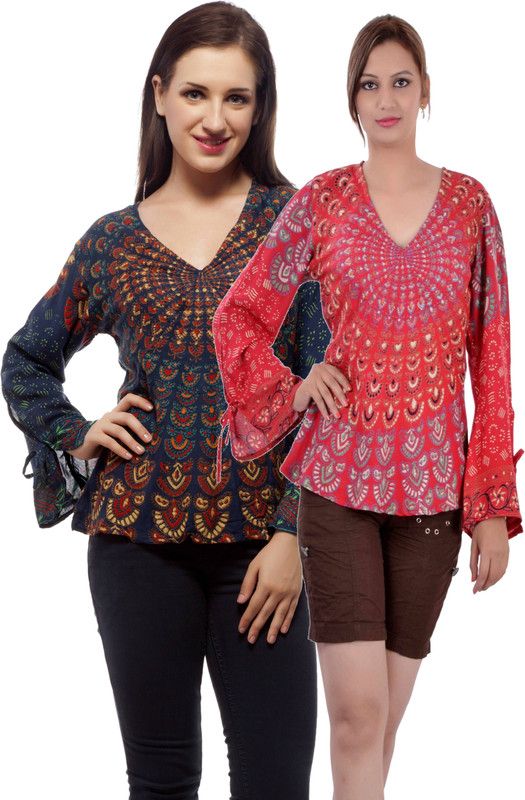 Pack of 2 Casual Regular Sleeves Printed, Floral Print Women Dark Blue, Red Top