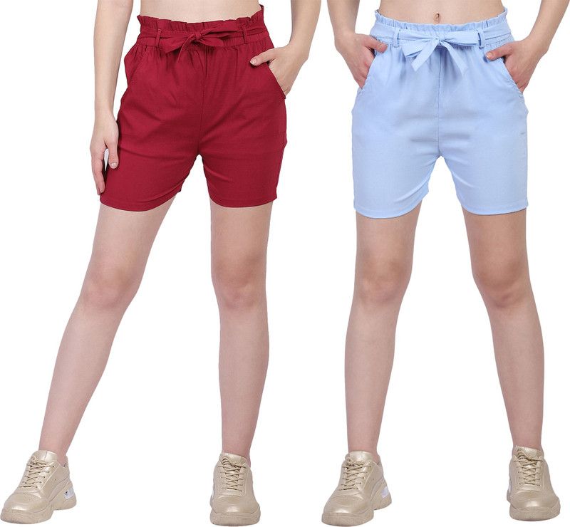 Short For Girls Casual Solid Cotton Blend  (Maroon, Pack of 2)