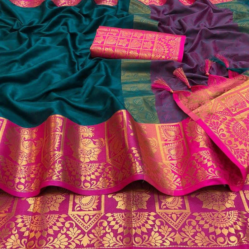 Woven Fashion Cotton Silk Saree  (Green)