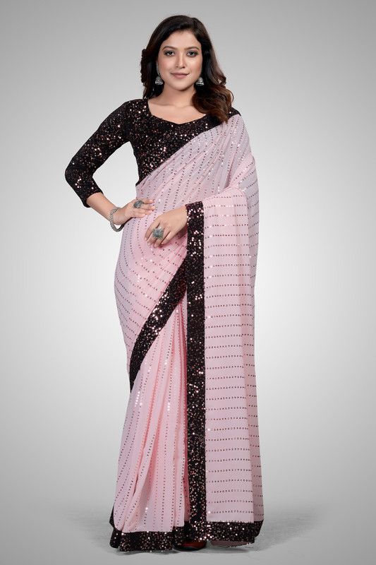 Self Design, Embroidered, Embellished Bollywood Georgette Saree  (Pink)