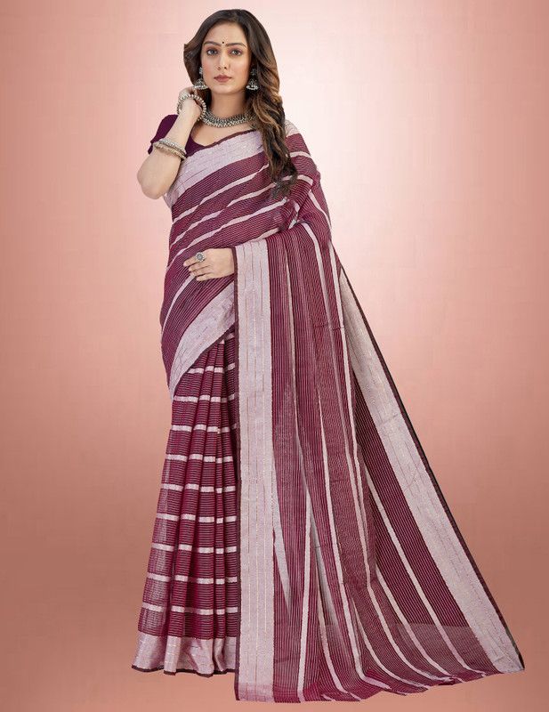 Striped, Self Design, Embellished Bollywood Cotton Silk, Pure Silk Saree  (Magenta)