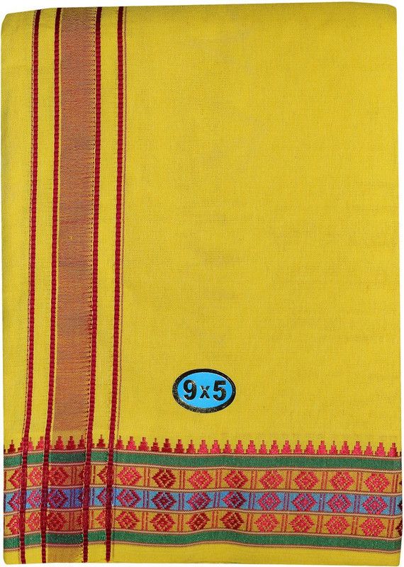 Prakasam Cotton Mens Yellow Colour Cotton (9x5) Panchakacham dhoti and towel set Men Dhoti