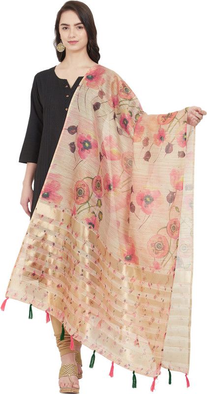 Cotton Silk, Cotton Blend Floral Print, Printed Beige Women Dupatta