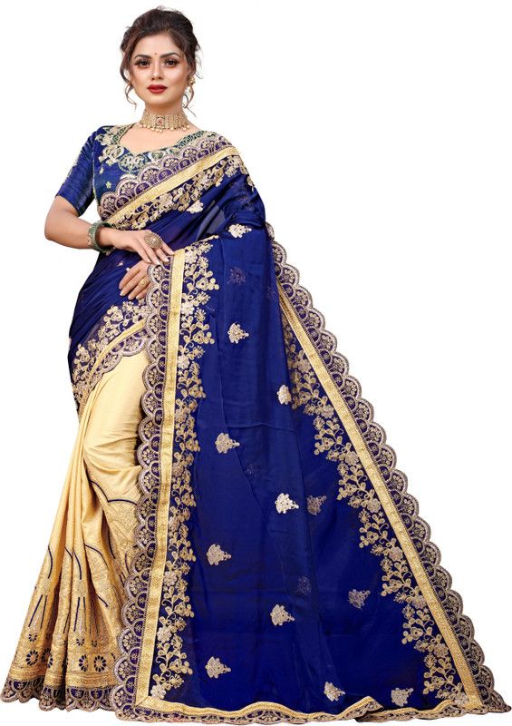 Embroidered Bollywood Velvet, Silk Blend Saree  (Blue, Cream)
