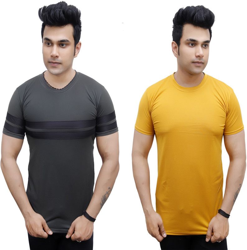 Striped Couple Black, Yellow T-Shirt  (Pack of 2)