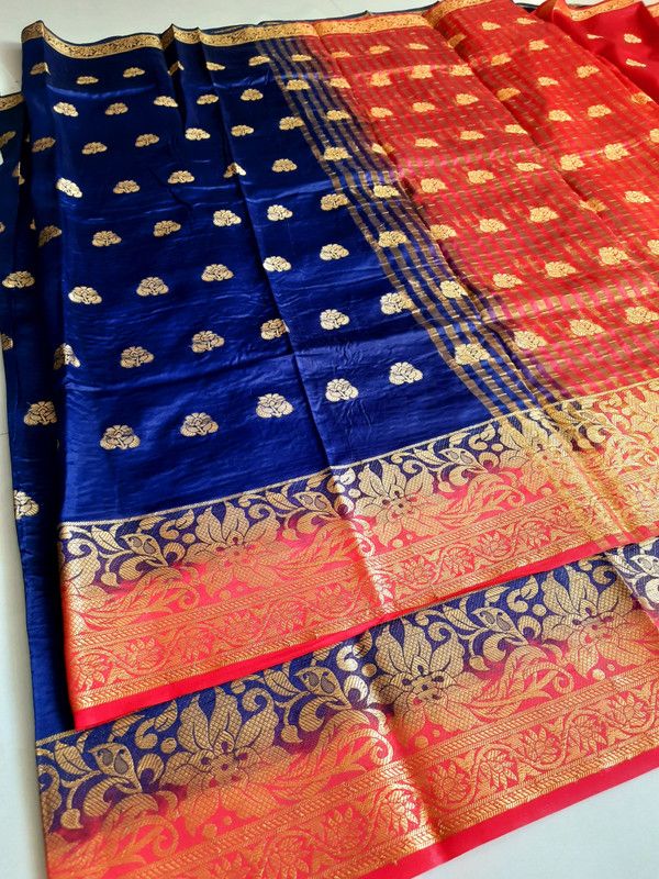 Self Design, Floral Print Kanjivaram Cotton Blend Saree  (Dark Blue)