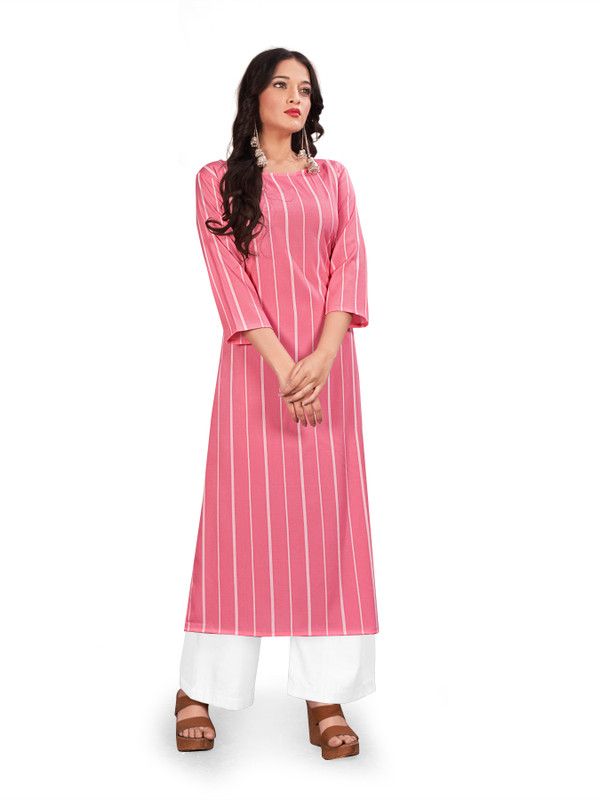 Women Striped Crepe Pathani Kurta  (Pink)