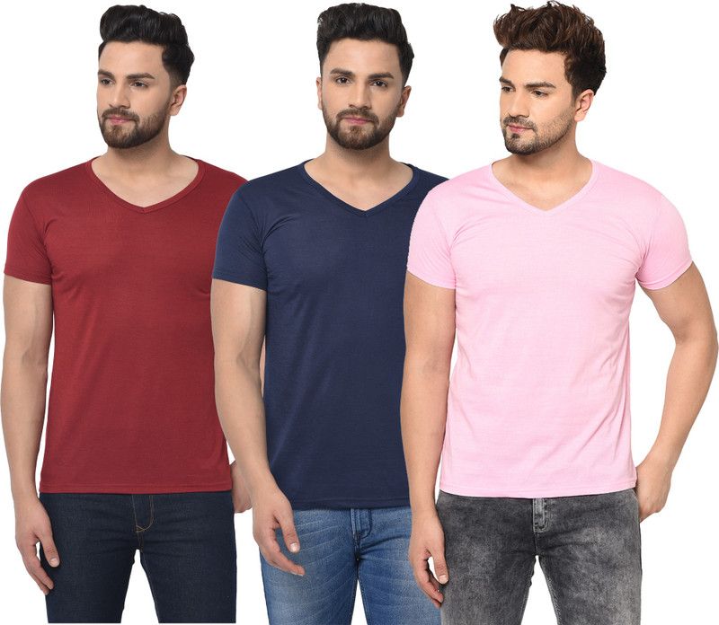 Pack of 3 V Neck T-Shirt Combo of 3 Men Solid V Neck Cotton Blend Dark Blue, Maroon, Pink T-Shirt