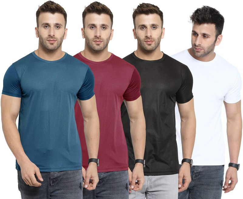 Pack of 4 Combo T-Shirt Polyester Drifit For Men Men Solid Round Neck Polyester Dark Blue, White, Maroon, Black T-Shirt