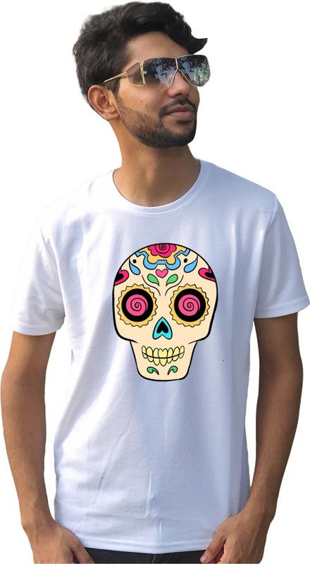 Half Sleeve white Men's T-shirt Men Graphic Print Round Neck Poly Cotton White T-Shirt