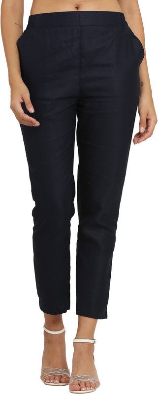 Women Slim Fit Dark Blue Pure Cotton Trousers
