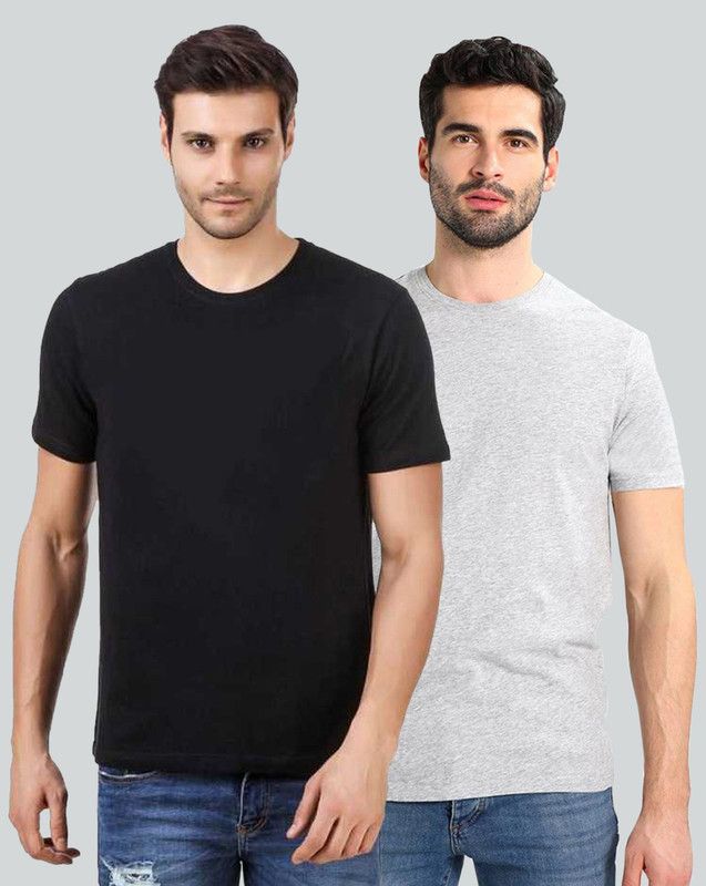Pack of 2 HS-PLAIN Men Solid Round Neck Pure Cotton Black, Grey T-Shirt