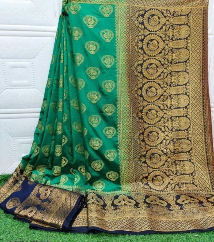 Woven, Temple Border, Dyed Banarasi Jacquard Saree  (Dark Blue, Light Green)