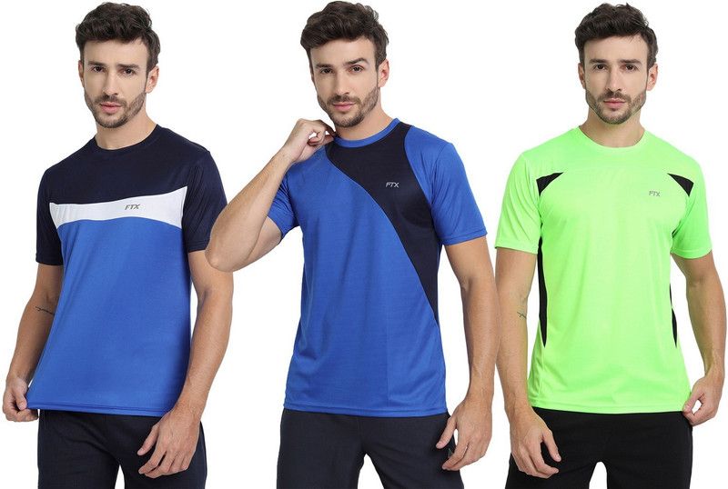 Pack of 3 Men Solid Round Neck Polyester Green, Blue T-Shirt