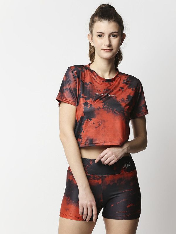 Women Tie & Dye Round Neck Polyester Red, Black T-Shirt