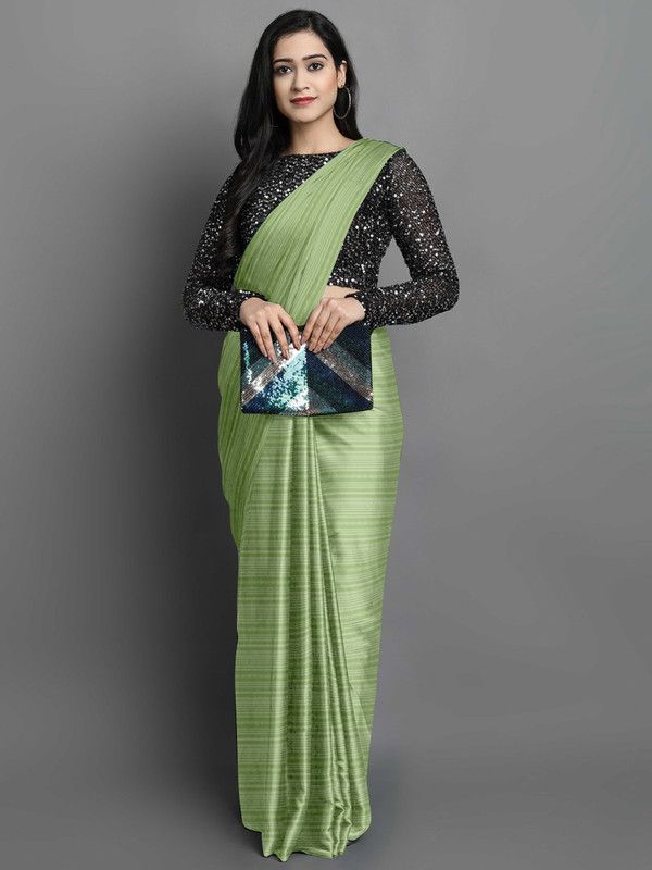 Striped Banarasi Silk Blend Saree  (Light Green)