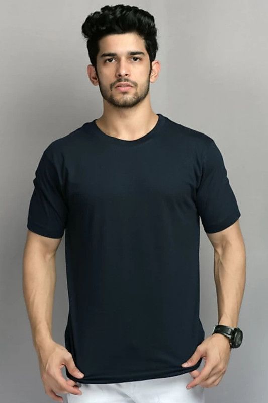 Couple Solid Round Neck Polyester Blue T-Shirt
