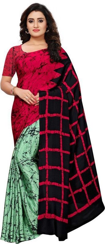 Printed Daily Wear Crepe Saree  (Green, Pink)