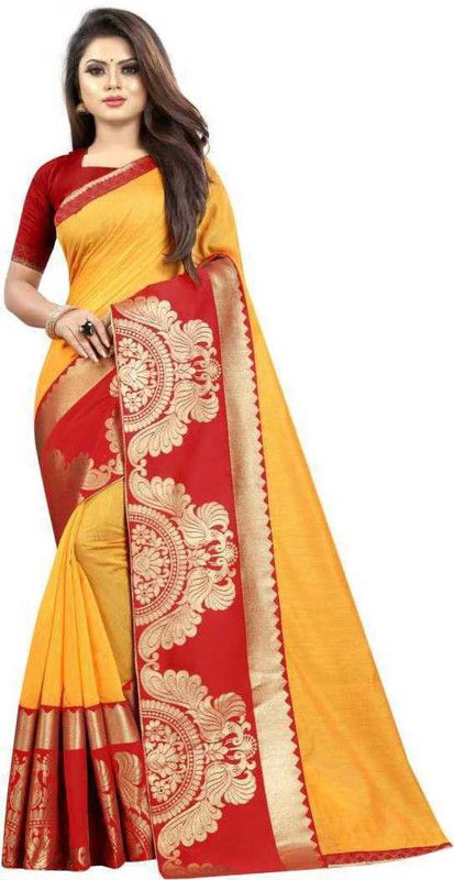 Self Design Banarasi Cotton Blend Saree  (Yellow)
