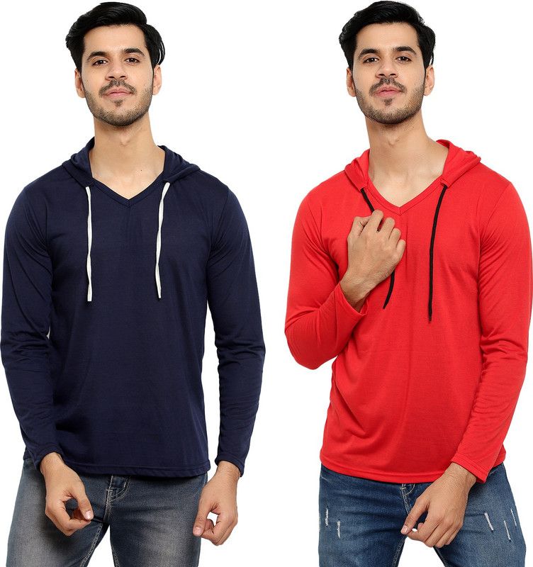 Pack of 2 HMT Men Solid Hooded Neck Cotton Blend Dark Blue, Red T-Shirt