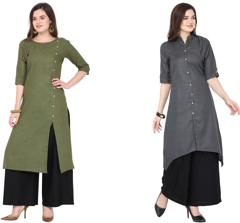 Pack of 2 Women Solid Viscose Rayon, Cotton Blend Frontslit Kurta  (Green, Black)