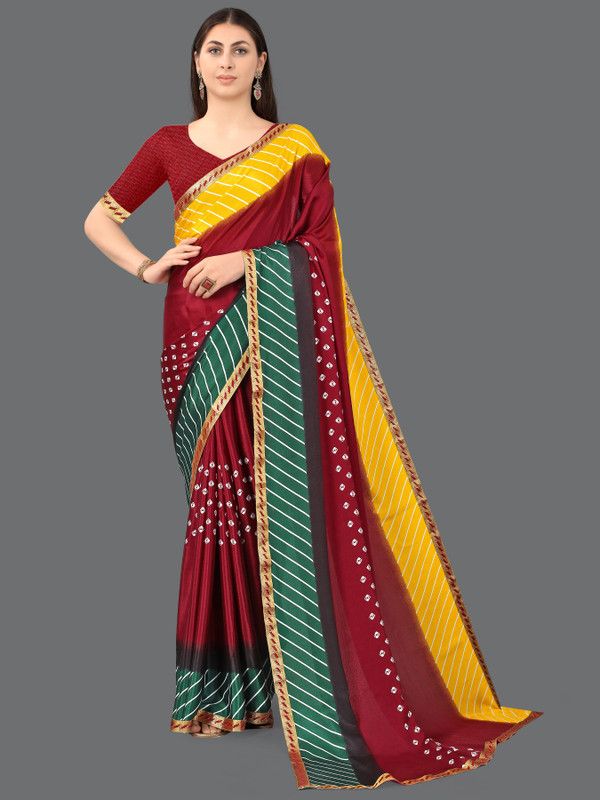 Embellished, Geometric Print, Striped, Printed Bandhani Silk Blend Saree  (Green, Maroon, Yellow)
