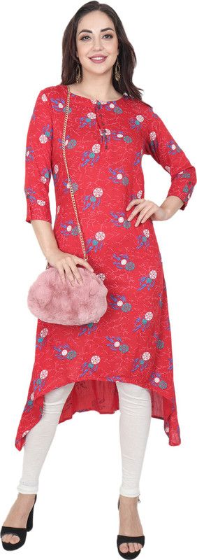 Women Printed Viscose Rayon Trail Cut Kurta  (Red)