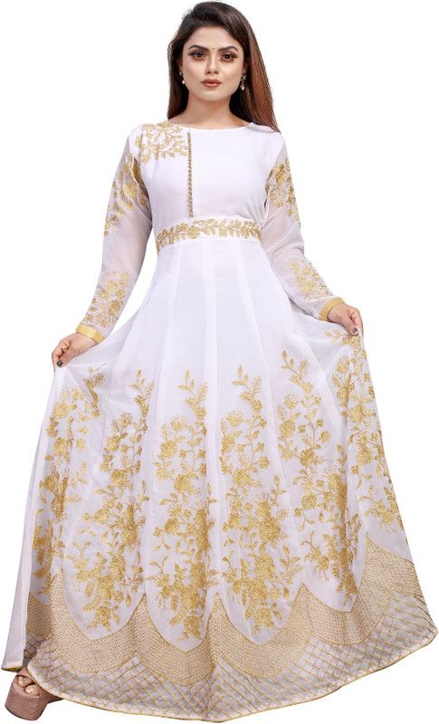 Embroidered Georgette Semi Stitched Anarkali Gown  (White)
