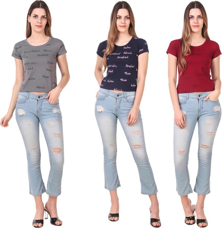 Pack of 3 Women Printed Round Neck Cotton Blend Dark Blue, Grey T-Shirt