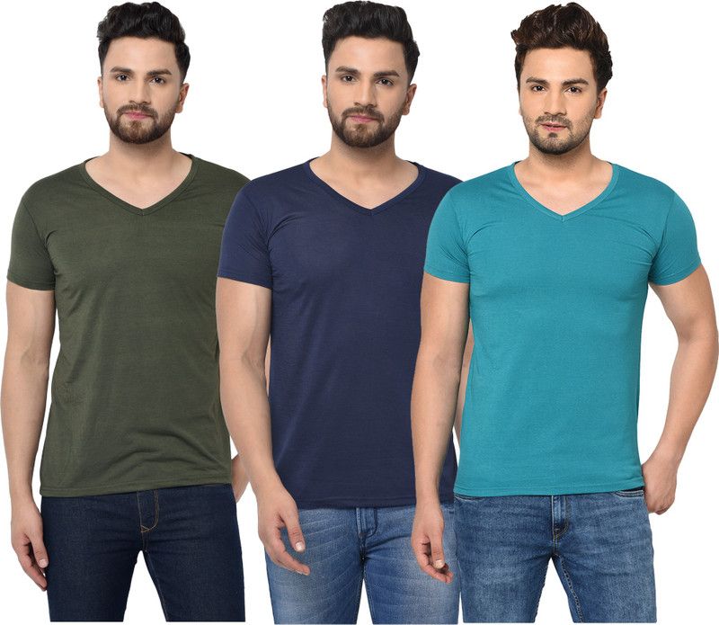 Pack of 3 Men Self Design V Neck Cotton Blend Dark Blue, Green, Blue T-Shirt