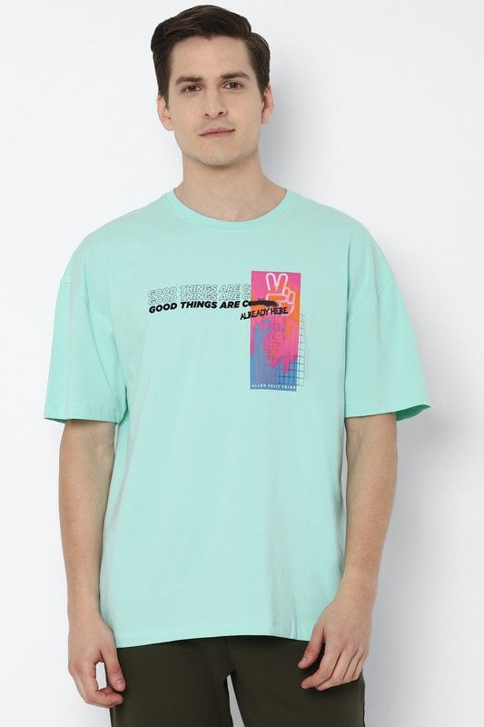 Men Graphic Print Crew Neck Cotton Blend Green T-Shirt