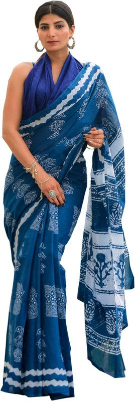 Blocked Printed Ikkat Pure Cotton Saree  (Blue)