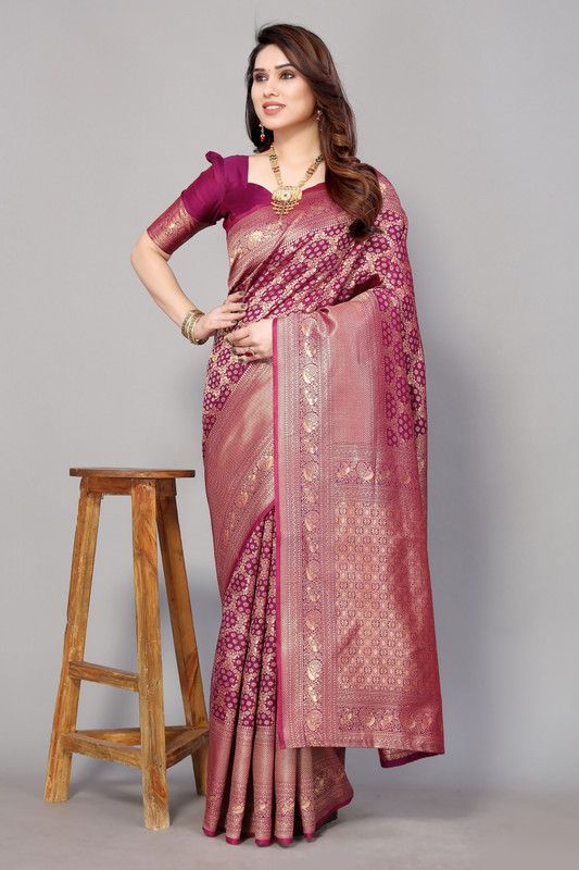 Woven, Self Design Banarasi Silk Blend, Cotton Silk Saree  (Purple)