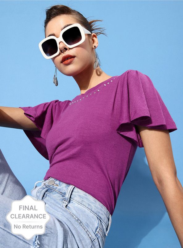 Casual Flared Sleeves Embellished Women Purple Top