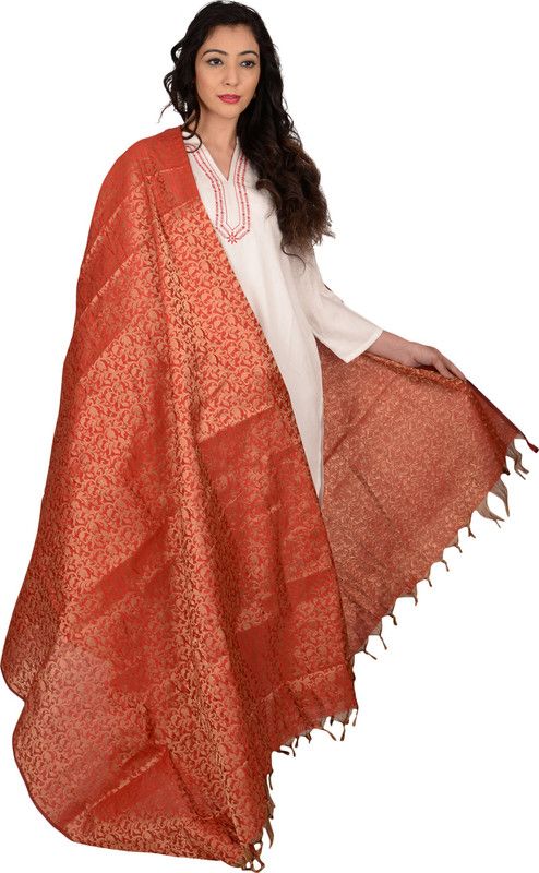 Cotton Blend Woven Maroon Women Dupatta