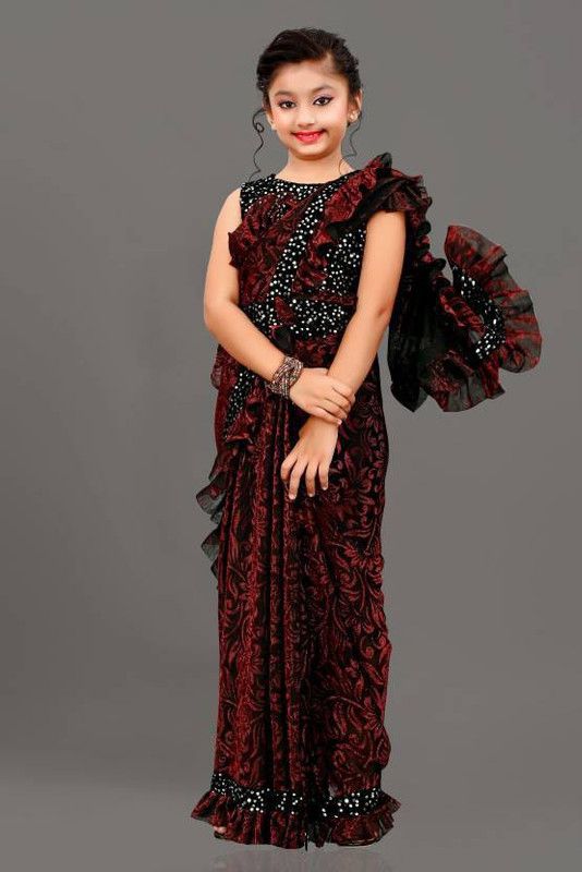 Embellished Fashion Lycra Blend Saree  (Maroon, Black)