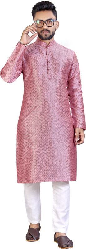 Men Solid Jacquard Straight Kurta  (Pink)