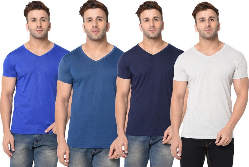 Pack of 4 Men Solid, Self Design V Neck Cotton Blend Grey, Dark Blue, Blue T-Shirt