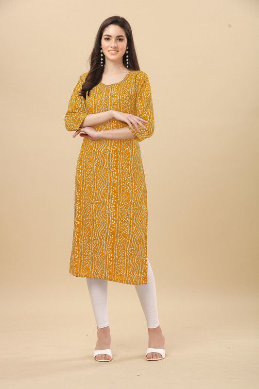 Women Bandhani Crepe Straight Kurta  (Yellow)