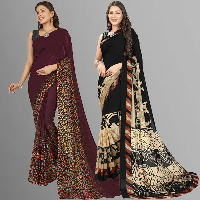 Printed Daily Wear Georgette Saree  (Pack of 2, Brown, Black)