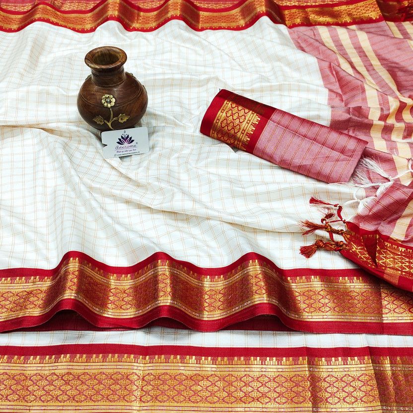 Checkered Chettinadu Jacquard, Pure Silk Saree  (White)