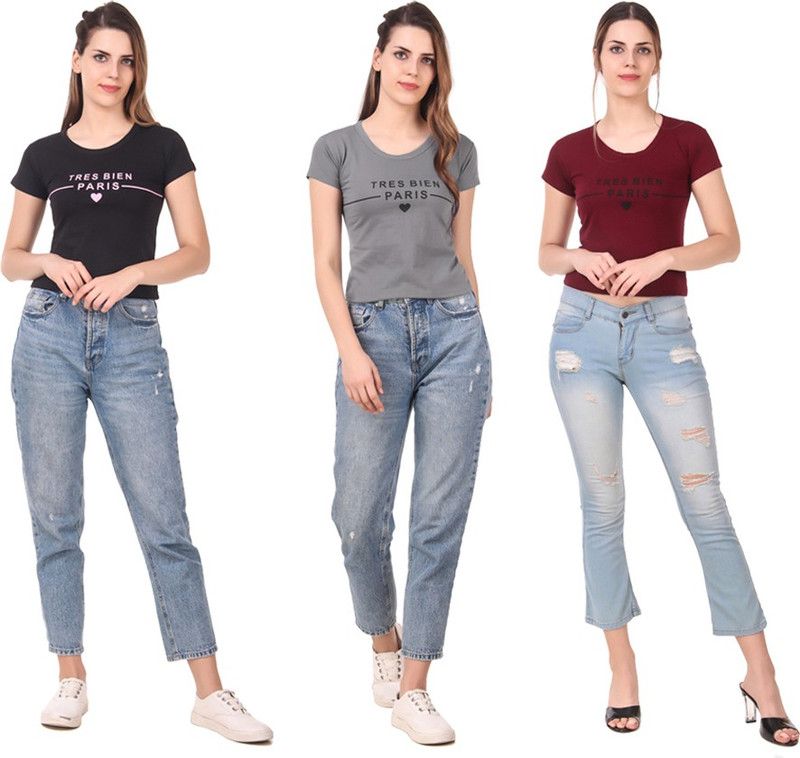Pack of 3 Women Printed Round Neck Cotton Blend Maroon, Black, Grey T-Shirt