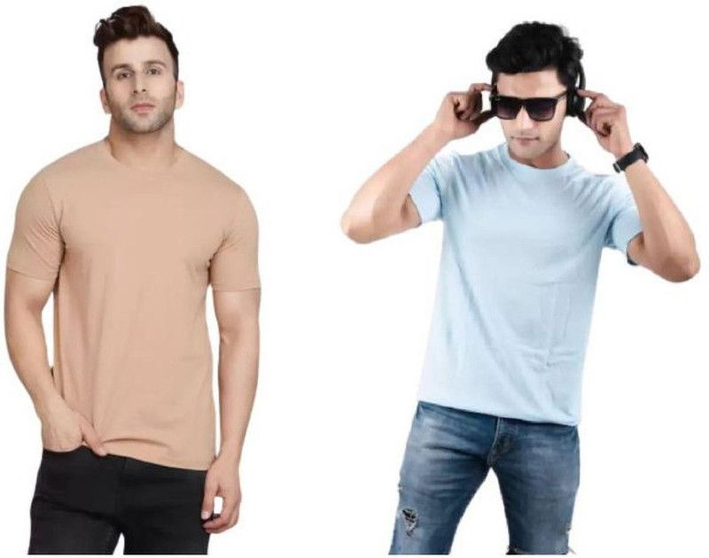 Pack of 2 Men Solid Round Neck Cotton Blend Light Blue, Beige T-Shirt