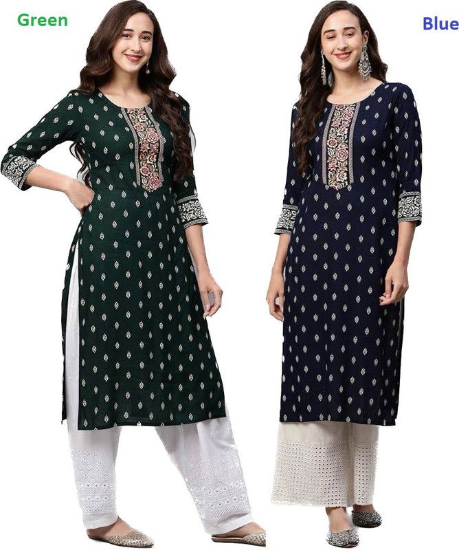 Women Printed, Embroidered Viscose Rayon Straight Kurta  (Green, Blue)