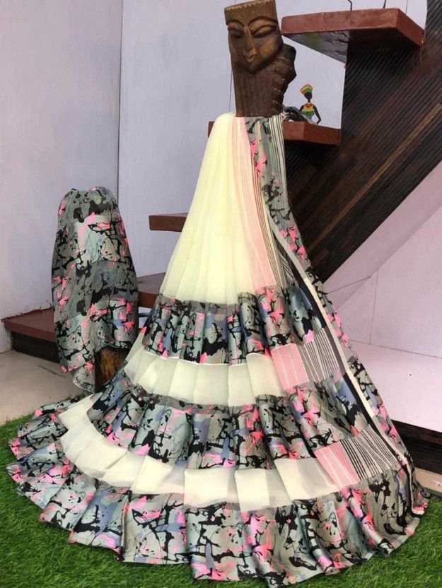Printed, Blocked Printed, Embroidered, Embellished, Graphic Print, Polka Print, Floral Print Daily Wear Crepe, Chiffon Saree  (Black, Cream)